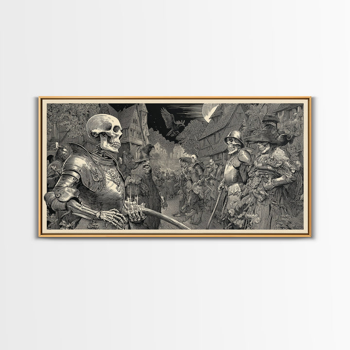 Medieval Danse Macabre, Renaissance Engraving Art, Wide Panoramic Art, Dark Fantasy Wall Art, Framed Canvas Print, Halloween Wall Art