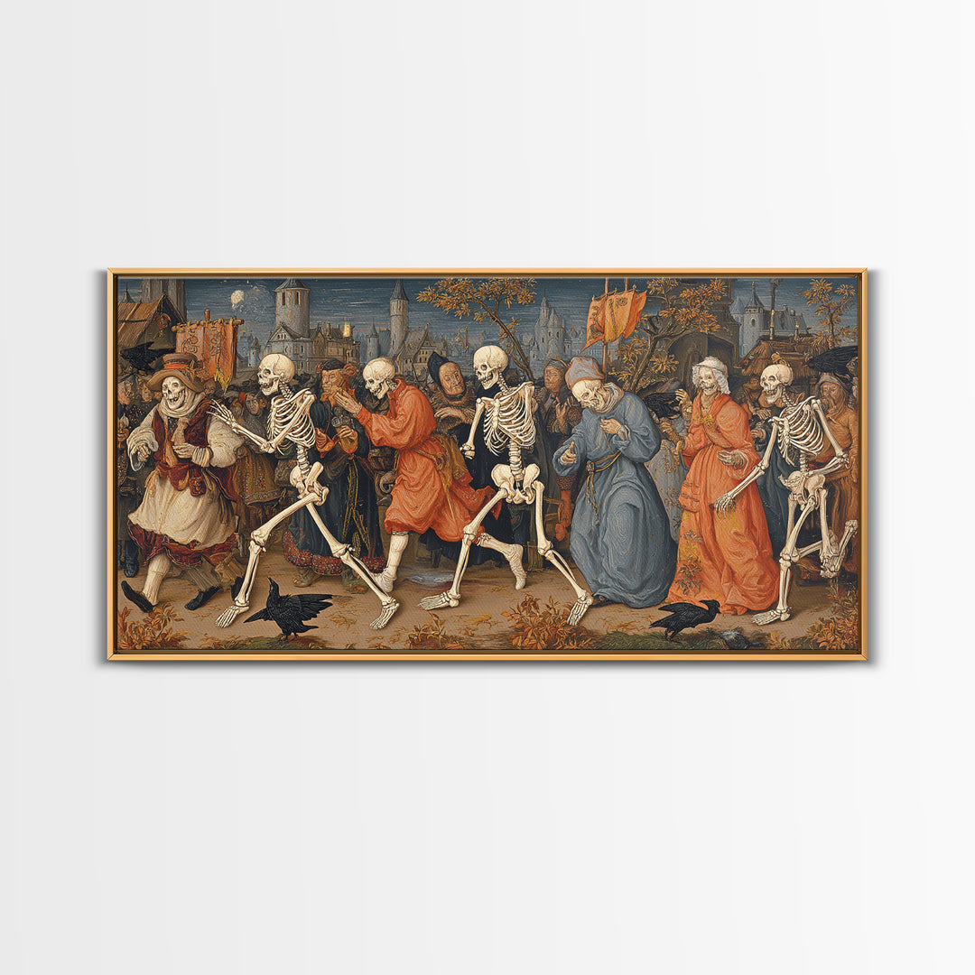Medieval Danse Macabre, Danse Macabre Art, Wide Panoramic Art, Dark Fantasy Wall Art, Canvas Print, Halloween Wall Art