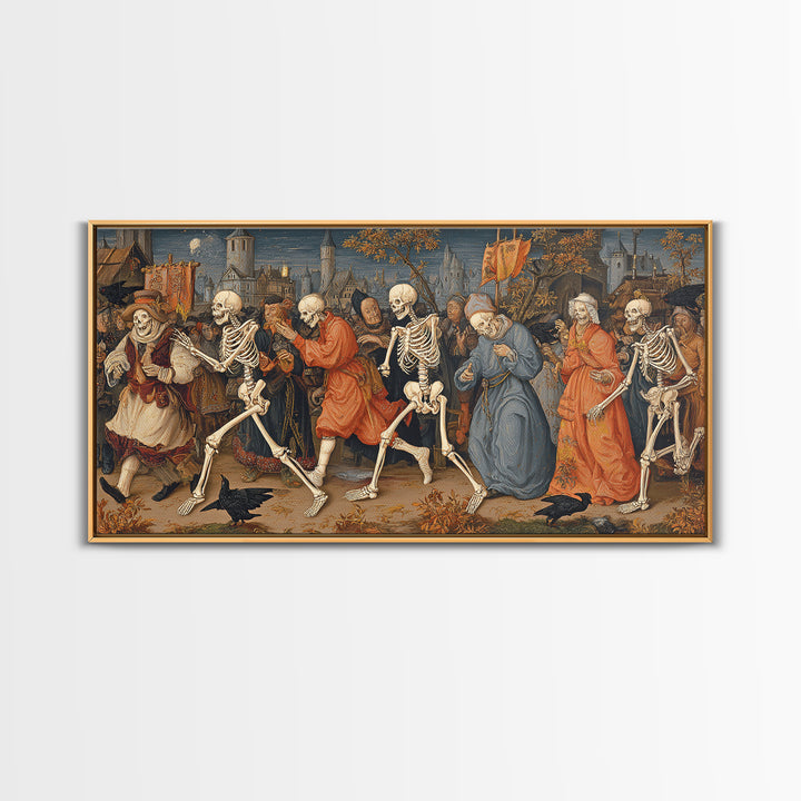 Medieval Danse Macabre, Danse Macabre Art, Wide Panoramic Art, Dark Fantasy Wall Art, Canvas Print, Halloween Wall Art