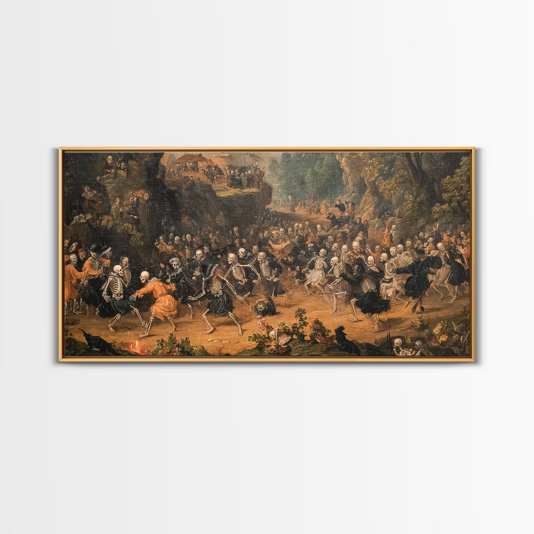 Medieval Danse Macabre, Baroque Witchcraft Art, Wide Panoramic Art, Dark Halloween Decor, Canvas Print, Halloween Wall Art