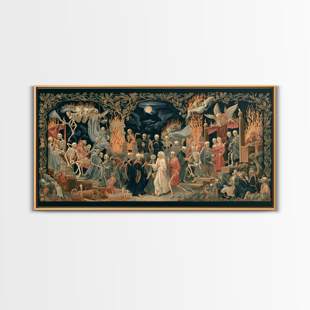 Medieval Danse Macabre, Visionary Gothic Art, Wide Panoramic Art, Dark Fantasy Wall Art, Framed Canvas Print, Halloween Wall Art