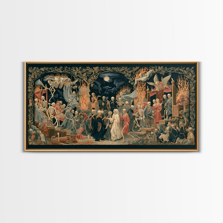 Medieval Danse Macabre, Visionary Gothic Art, Wide Panoramic Art, Dark Fantasy Wall Art, Framed Canvas Print, Halloween Wall Art