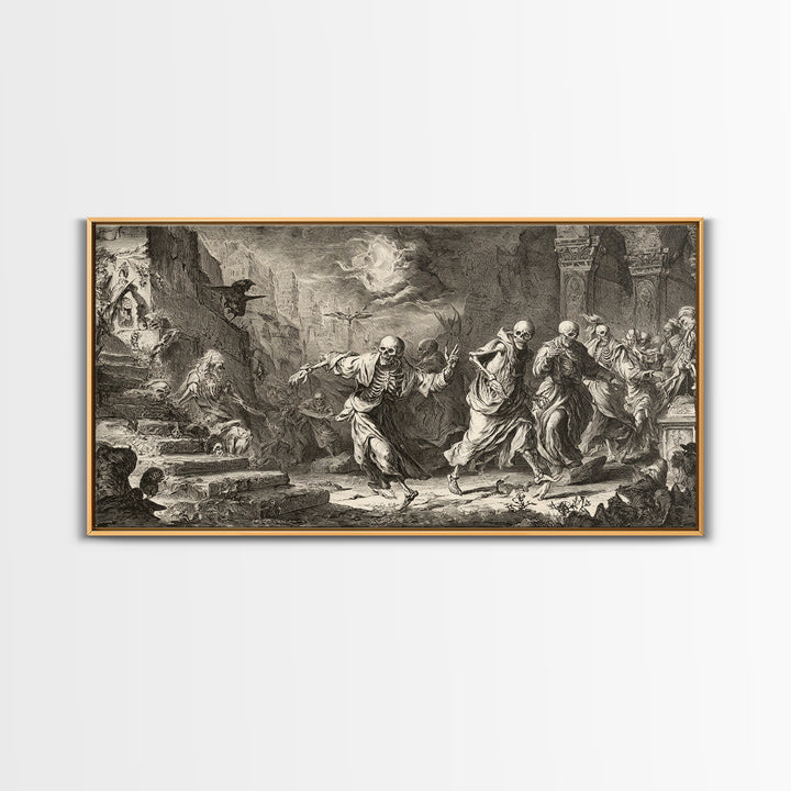 Medieval Danse Macabre, Architectural Etching Art, Wide Panoramic Art, Dark Halloween Decor, Framed Canvas Print