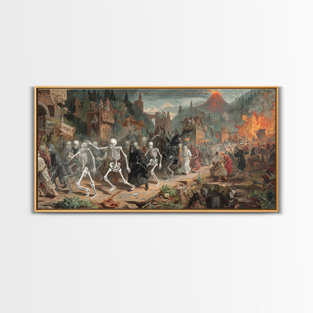 Medieval Danse Macabre, Apocalyptic Romantic Art, Wide Panoramic Art, Gothic Horror Wall Art, Canvas Print, Halloween Wall Art
