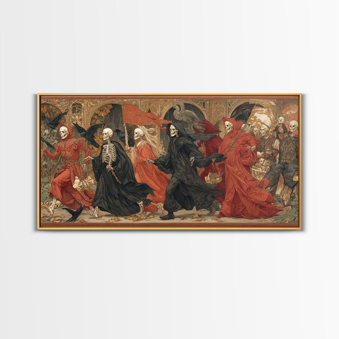 Medieval Danse Macabre, Ornate Symbolist Art, Wide Panoramic Art, Macabre Wall Art, Canvas Print, Halloween Wall Art