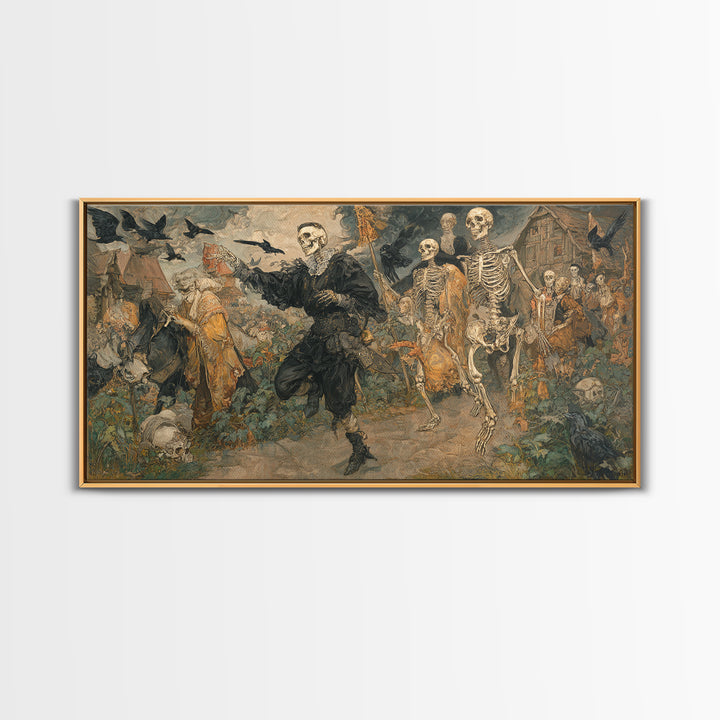 Medieval Danse Macabre, Decadent Gothic Art, Wide Panoramic Art, Macabre Wall Art, Framed Canvas Print, Halloween Wall Art