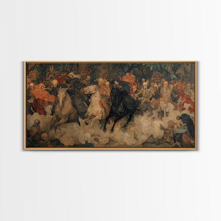 Medieval Danse Macabre, Dark Symbolist Art, Wide Panoramic Art, Dark Halloween Decor, Canvas Print, Halloween Wall Art