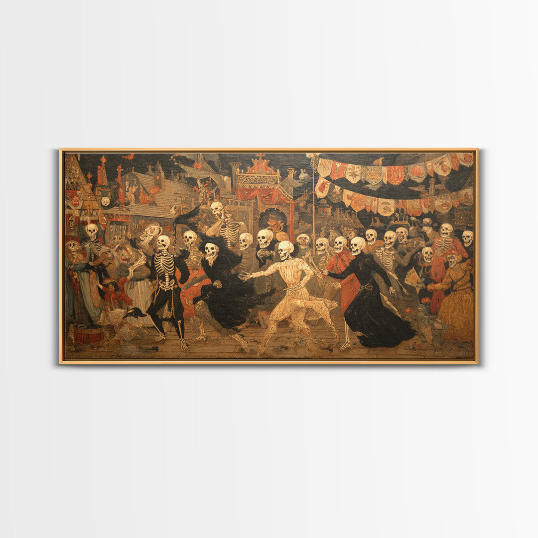 Medieval Danse Macabre, Grotesque Carnival Art, Wide Panoramic Art, Dark Fantasy Wall Art, Canvas Print, Halloween Wall Art