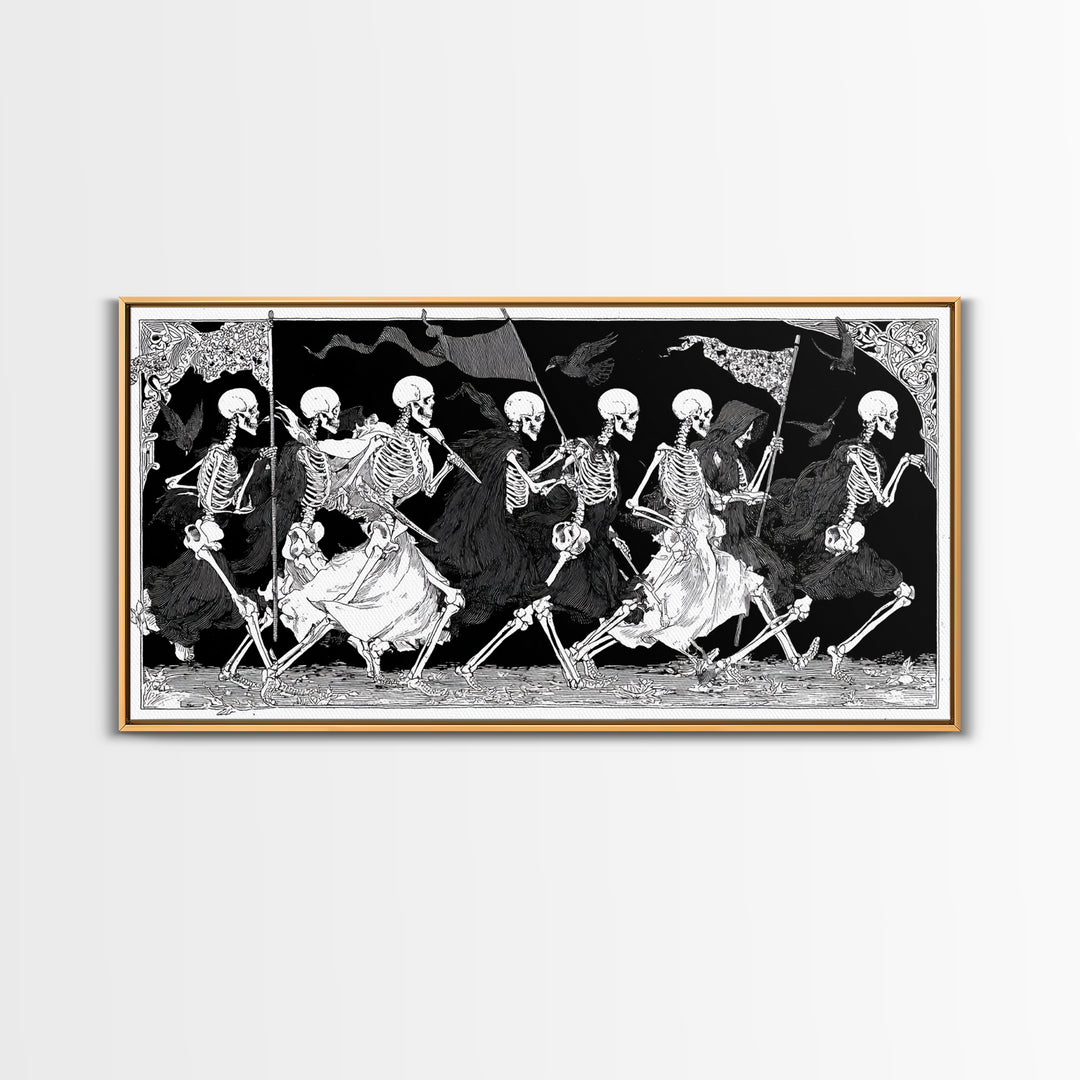 Medieval Danse Macabre, Decadent Line Art, Wide Panoramic Art, Dark Halloween Decor, Canvas Print, Halloween Wall Art