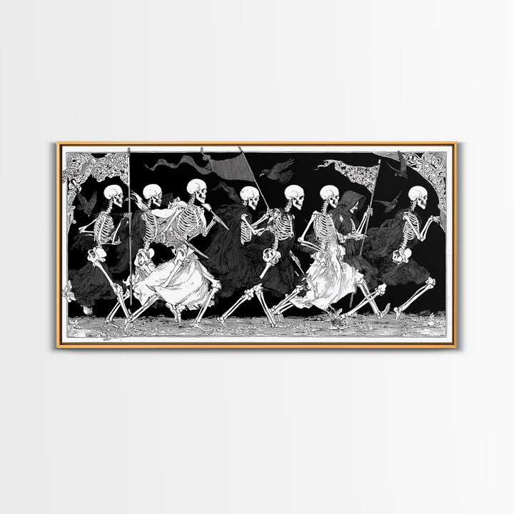 Medieval Danse Macabre, Decadent Line Art, Wide Panoramic Art, Dark Halloween Decor, Canvas Print, Halloween Wall Art
