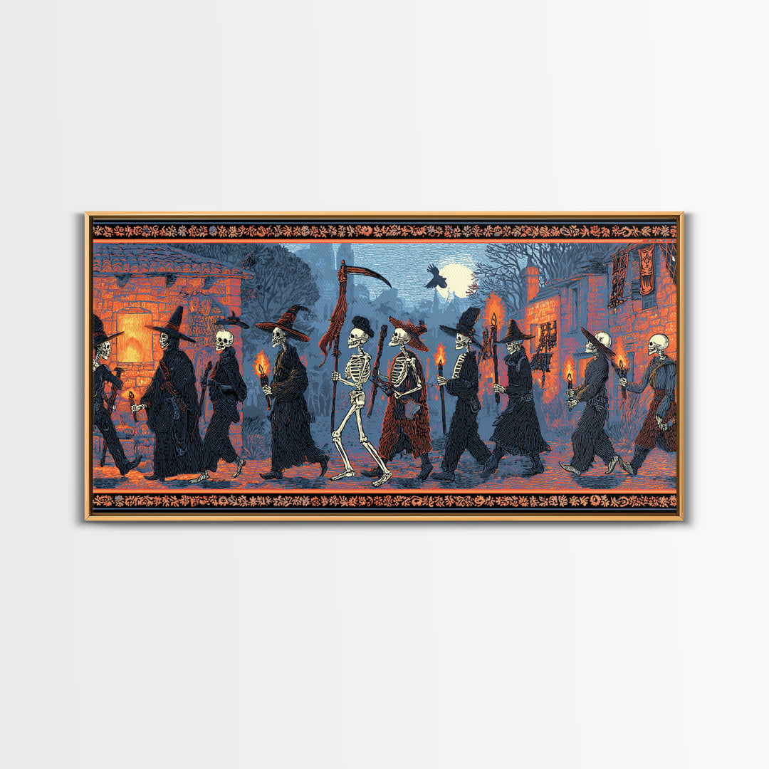 Medieval Danse Macabre, Macabre Folk Print Art, Wide Panoramic Art, Dark Fantasy Wall Art, Canvas Print, Halloween Wall Art