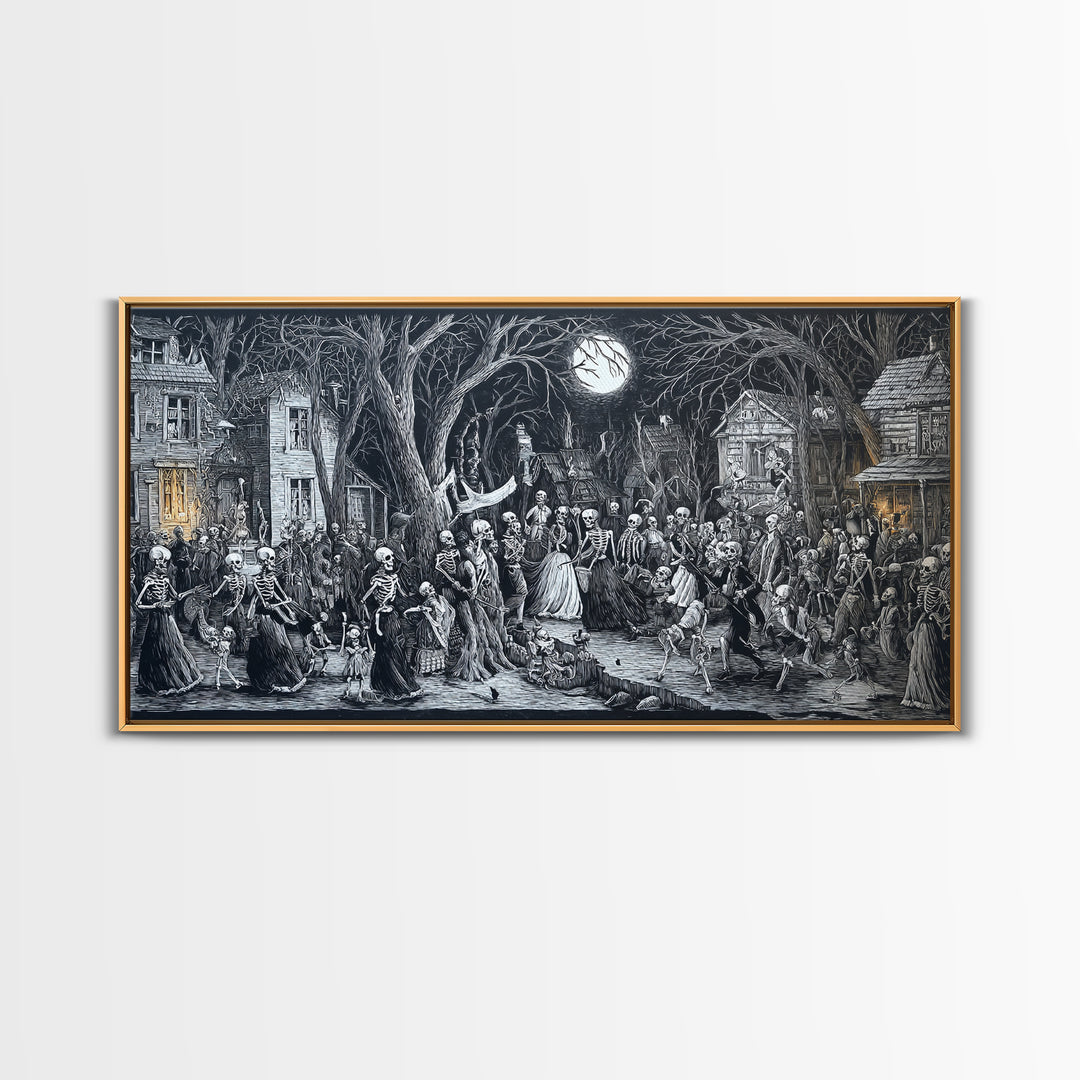 Medieval Danse Macabre, Victorian Macabre Art, Wide Panoramic Art, Gothic Horror Wall Art, Framed Canvas Print, Halloween Wall Art