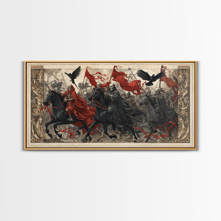 Medieval Danse Macabre, Biomechanical Horror Art, Wide Panoramic Art, Dark Halloween Decor, Canvas Print, Halloween Wall Art