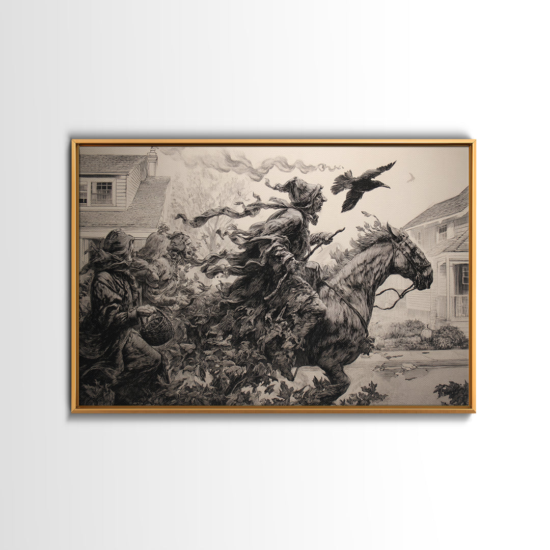 1950s Halloween Nostalgia, Renaissance Engraving Art, Landscape Wall Art, Dark Fantasy Wall Art, Canvas Print, Halloween Wall Art