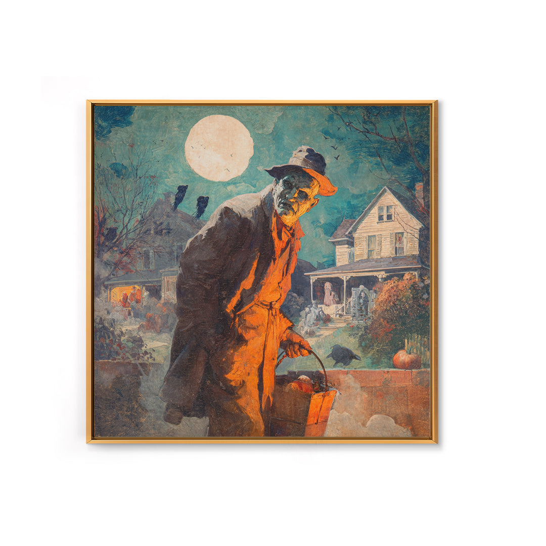 1950s Halloween Nostalgia, Symbolist Etching Art, Square Wall Art, Dark Halloween Decor, Framed Canvas Print, Halloween Wall Art