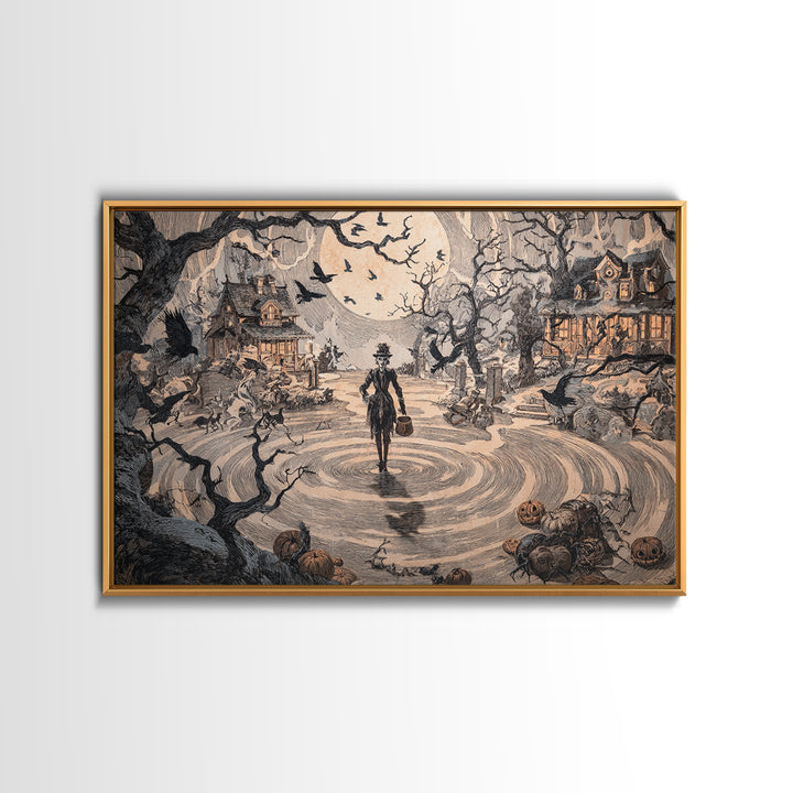 1950s Halloween Nostalgia, Gothic Storybook Art, Landscape Wall Art, Dark Halloween Decor, Canvas Print, Halloween Wall Art