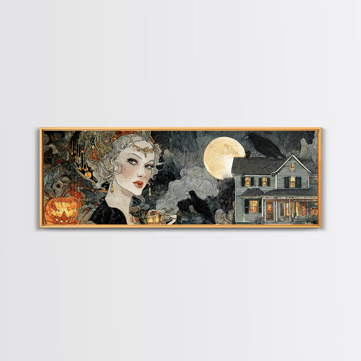 1950s Halloween Nostalgia, Stained Glass Gothic Art, Extra Wide Wall Art, Dark Halloween Decor, Canvas Print, Halloween Wall Art