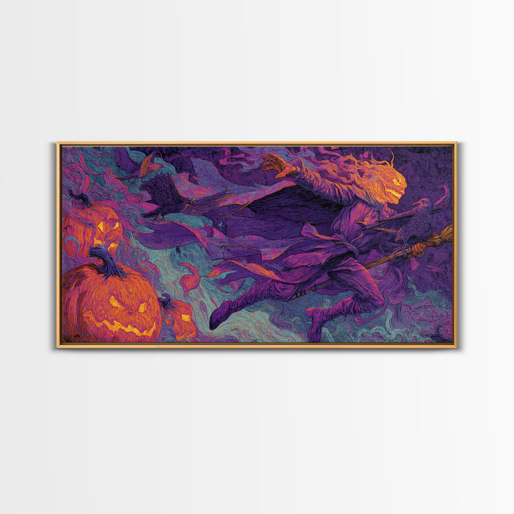 1980s Neon Horror, Visionary Gothic Art, Wide Panoramic Art, Dark Fantasy Wall Art, Canvas Print, Halloween Wall Art