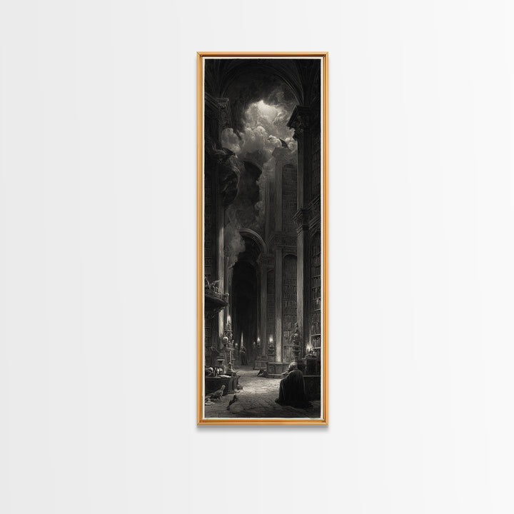 Dark Academia Halloween, Gothic Engraving Art, Tall Narrow Wall Art, Dark Fantasy Wall Art, Canvas Print, Halloween Wall Art