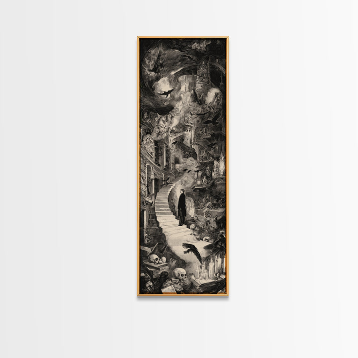 Dark Academia Halloween, Architectural Etching Art, Tall Narrow Wall Art, Macabre Wall Art, Framed Canvas Print