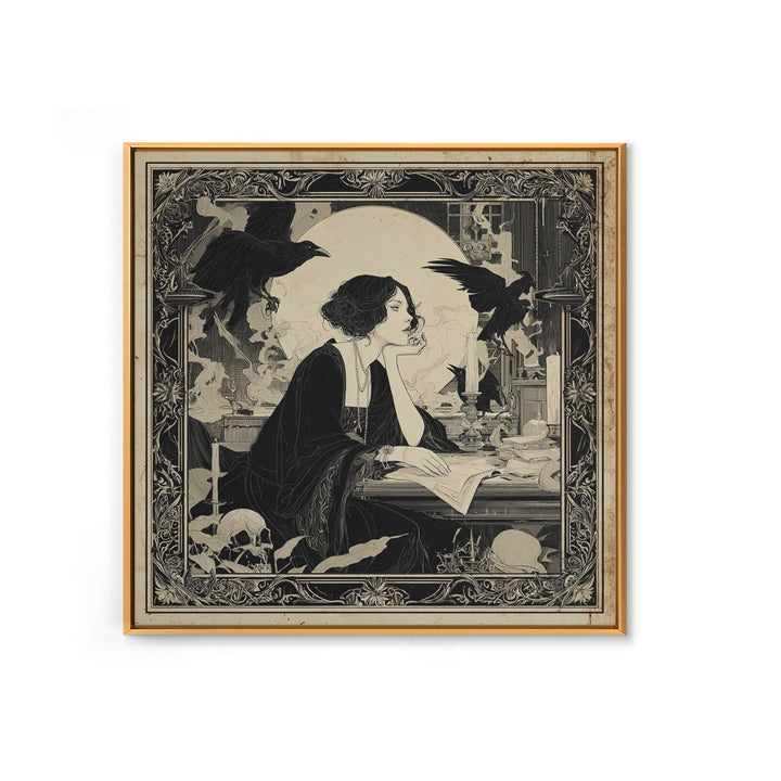 Dark Academia Halloween, Decadent Line Art, Square Wall Art, Dark Halloween Decor, Framed Canvas Print, Halloween Wall Art