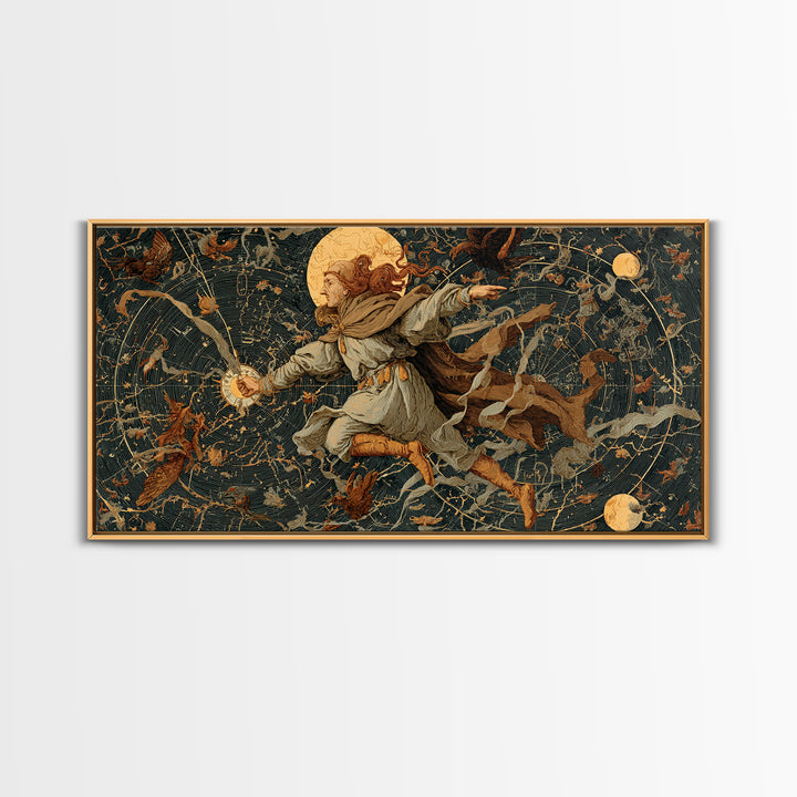 Celestial Witchcraft, Medieval Grotesque Art, Wide Panoramic Art, Macabre Wall Art, Framed Canvas Print, Halloween Wall Art