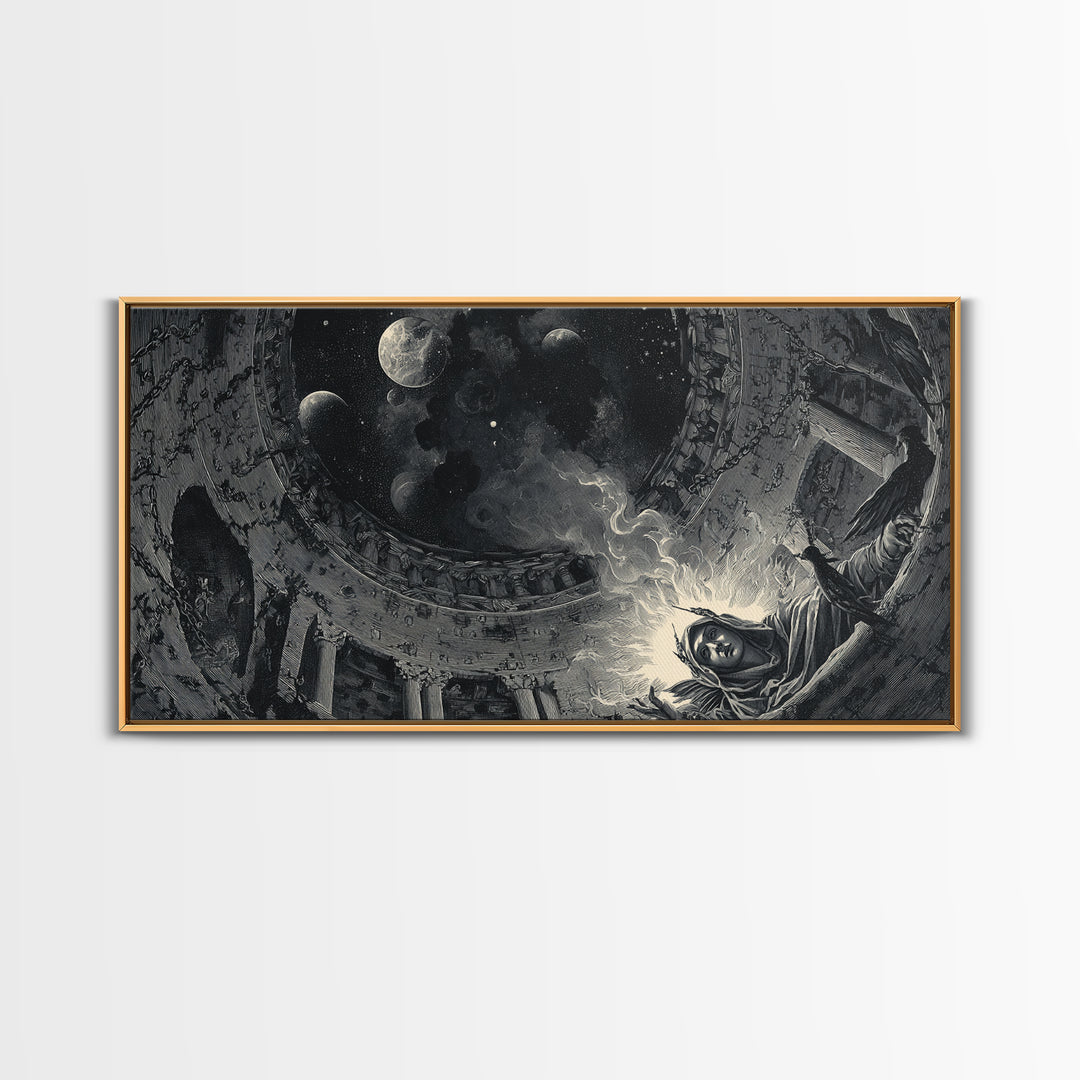 Celestial Witchcraft, Architectural Etching Art, Wide Panoramic Art, Gothic Horror Wall Art, Framed Canvas Print