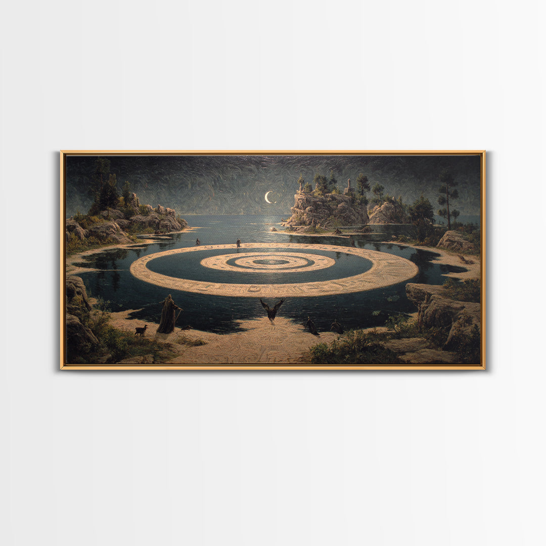 Celestial Witchcraft, Symbolist Gothic Landscape, Wide Panoramic Art, Dark Halloween Decor, Framed Canvas Print, Halloween Wall Art