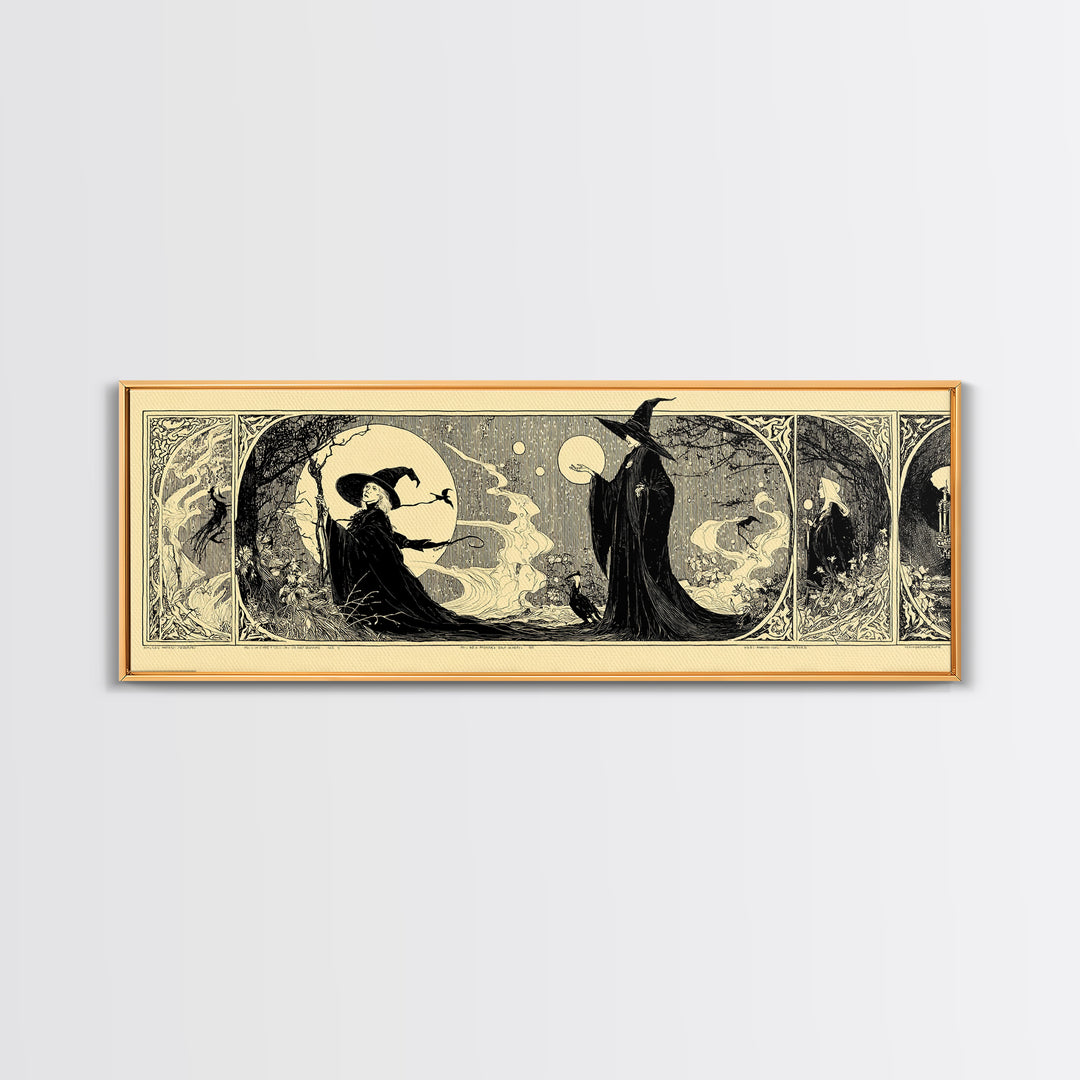 Celestial Witchcraft, Decadent Line Art, Extra Wide Wall Art, Macabre Wall Art, Framed Canvas Print, Halloween Wall Art