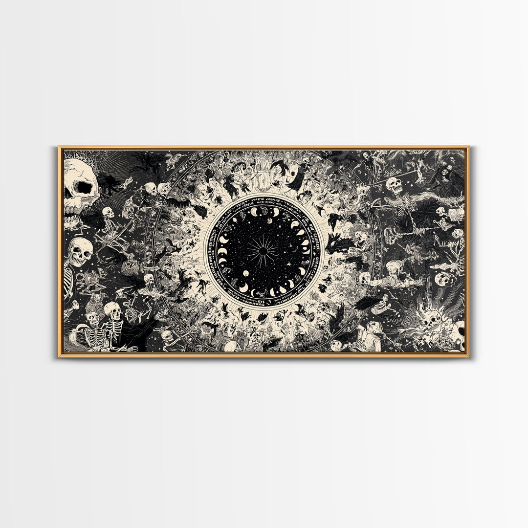 Celestial Witchcraft, Macabre Folk Print Art, Wide Panoramic Art, Dark Halloween Decor, Framed Canvas Print, Halloween Wall Art