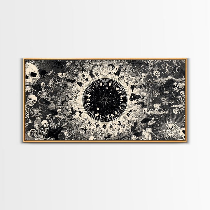 Celestial Witchcraft, Macabre Folk Print Art, Wide Panoramic Art, Dark Halloween Decor, Framed Canvas Print, Halloween Wall Art