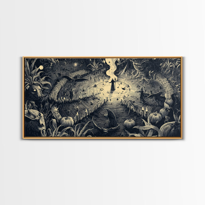 Occult Harvest Festival, Expressionist Nightmare Art, Wide Panoramic Art, Dark Halloween Decor, Canvas Print, Halloween Wall Art