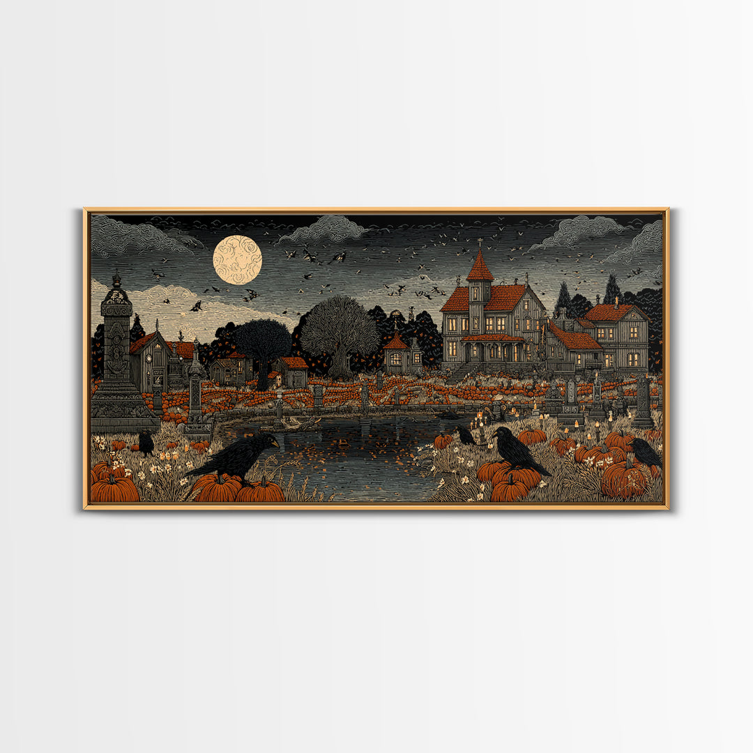 Occult Harvest Festival, Victorian Macabre Art, Wide Panoramic Art, Macabre Wall Art, Framed Canvas Print, Halloween Wall Art
