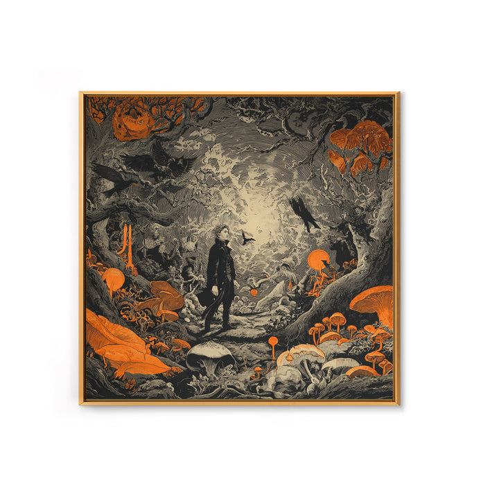 Enchanted Woodland Halloween, Symbolist Etching Art, Square Wall Art, Dark Fantasy Wall Art, Canvas Print, Halloween Wall Art