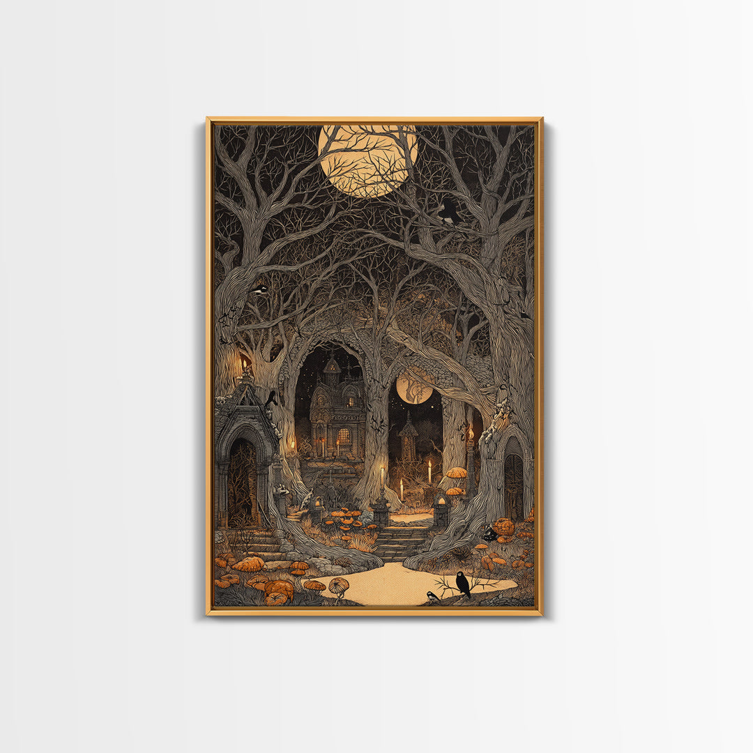 Enchanted Woodland Halloween, Victorian Macabre Art, Vertical Wall Art, Dark Fantasy Wall Art, Framed Canvas Print, Halloween Wall Art