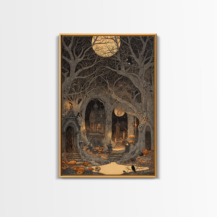 Enchanted Woodland Halloween, Victorian Macabre Art, Vertical Wall Art, Dark Fantasy Wall Art, Framed Canvas Print, Halloween Wall Art