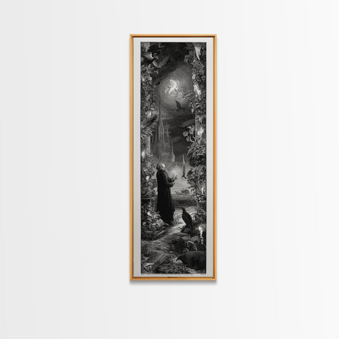 Gothic Romance, Gothic Engraving Art, Tall Narrow Wall Art, Dark Halloween Decor, Framed Canvas Print, Halloween Wall Art