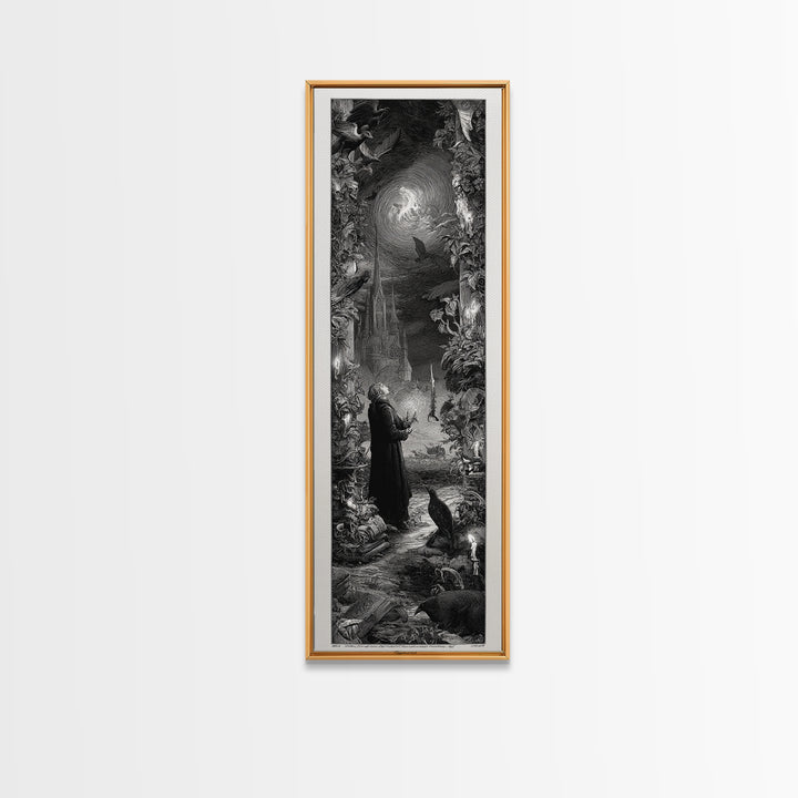 Gothic Romance, Gothic Engraving Art, Tall Narrow Wall Art, Dark Halloween Decor, Framed Canvas Print, Halloween Wall Art