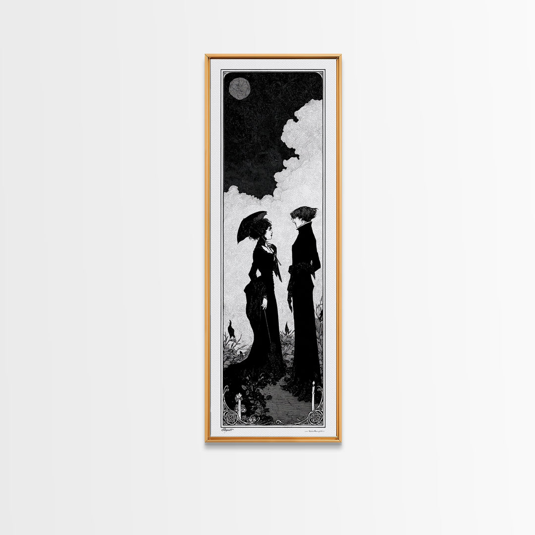 Gothic Romance, Decadent Line Art, Tall Narrow Wall Art, Dark Fantasy Wall Art, Framed Canvas Print, Halloween Wall Art