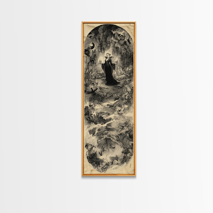Gothic Romance, Gothic Storybook Art, Tall Narrow Wall Art, Dark Halloween Decor, Framed Canvas Print, Halloween Wall Art