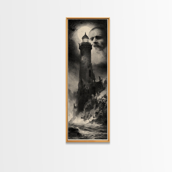 Haunted Seaside Halloween, Gothic Engraving Art, Tall Narrow Wall Art, Macabre Wall Art, Framed Canvas Print, Halloween Wall Art