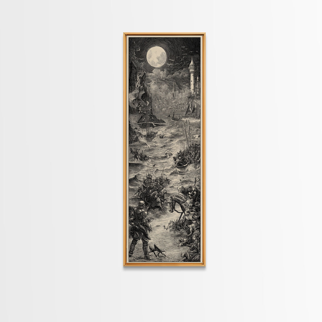 Haunted Seaside Halloween, Renaissance Engraving Art, Tall Narrow Wall Art, Dark Fantasy Wall Art, Framed Canvas Print, Halloween Wall Art