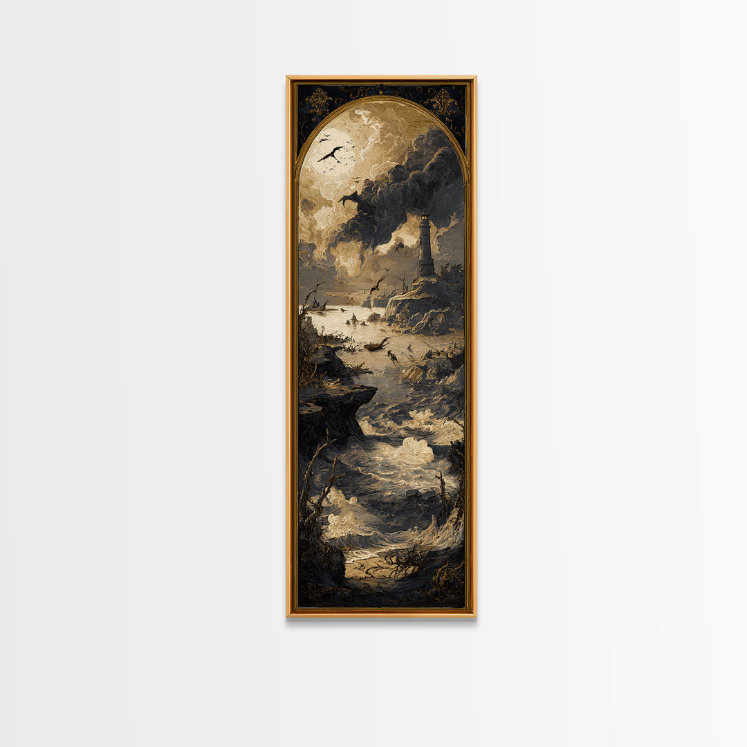 Haunted Seaside Halloween, Dark Romantic Horror Art, Tall Narrow Wall Art, Dark Halloween Decor, Framed Canvas Print, Halloween Wall Art