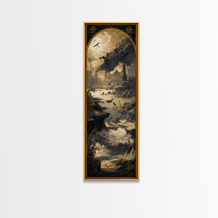 Haunted Seaside Halloween, Dark Romantic Horror Art, Tall Narrow Wall Art, Dark Halloween Decor, Framed Canvas Print, Halloween Wall Art