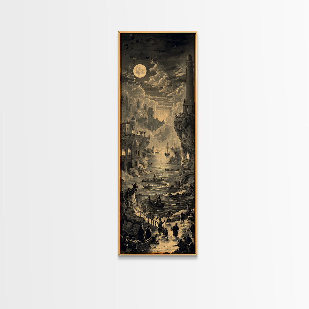 Haunted Seaside Halloween, Architectural Etching Art, Tall Narrow Wall Art, Gothic Horror Wall Art, Framed Canvas Print