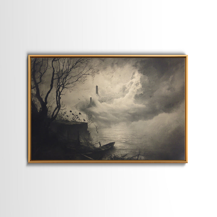 Haunted Seaside Halloween, Symbolist Dream Art, Landscape Wall Art, Dark Fantasy Wall Art, Framed Canvas Print, Halloween Wall Art