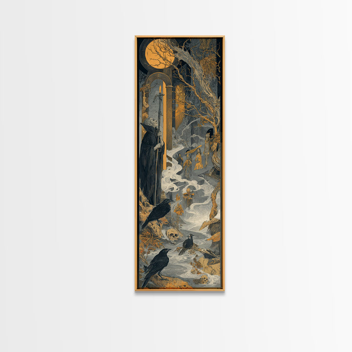 Haunted Seaside Halloween, Symbolist Etching Art, Tall Narrow Wall Art, Dark Halloween Decor, Framed Canvas Print, Halloween Wall Art