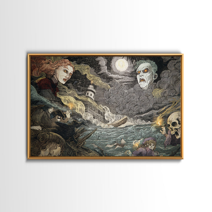 Haunted Seaside Halloween, Expressionist Gothic Art, Landscape Wall Art, Macabre Wall Art, Canvas Print, Halloween Wall Art