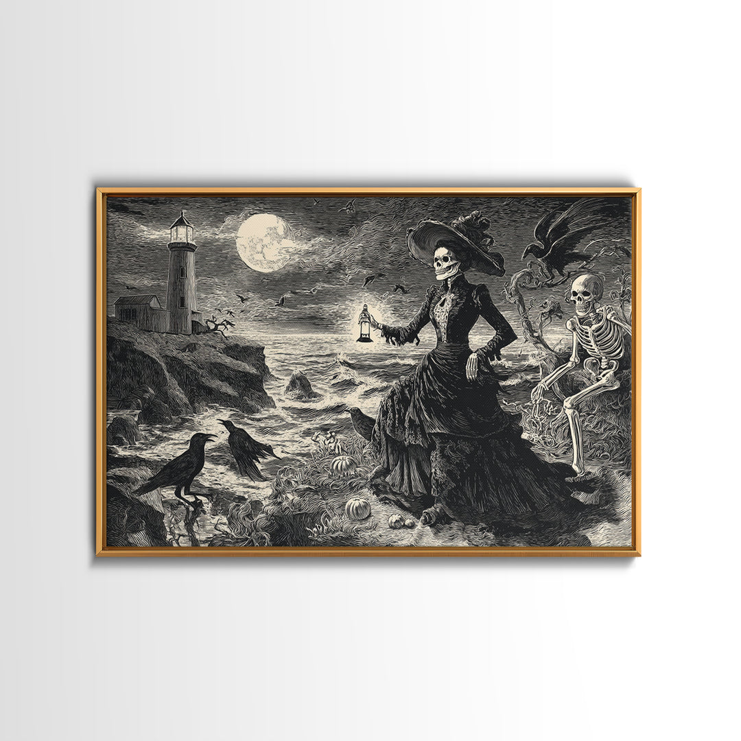 Haunted Seaside Halloween, Macabre Folk Print Art, Landscape Wall Art, Dark Halloween Decor, Framed Canvas Print