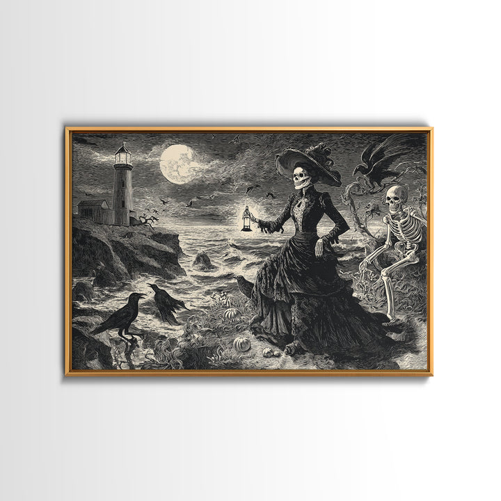 Haunted Seaside Halloween, Macabre Folk Print Art, Landscape Wall Art, Dark Halloween Decor, Framed Canvas Print